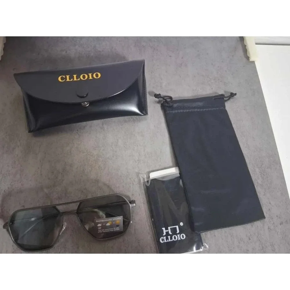 CLLOIO Photochromic Sunglasses Men Geometric Aviator Metal Frame Dark Grey Lens